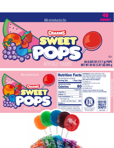 Charms Sweet Pops - Colourful Sweet Lollipops - 48pc